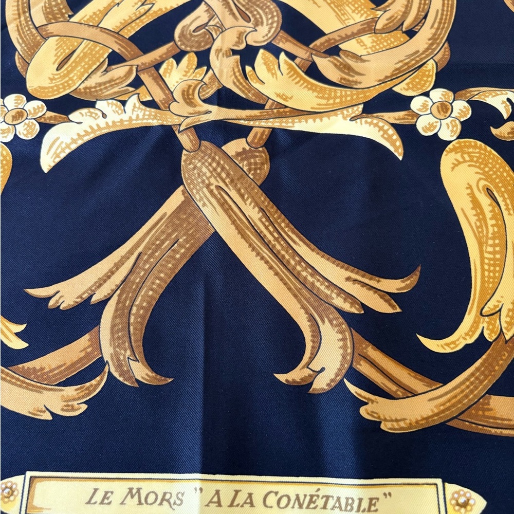 Authentic Hermes Silk Scarf, Pristine Black and Gold 90cm
